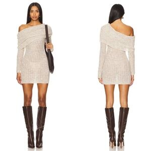 Lovers + Friends Lonela Off The Shoulder Sweater Mini Dress in Oatmeal Medium